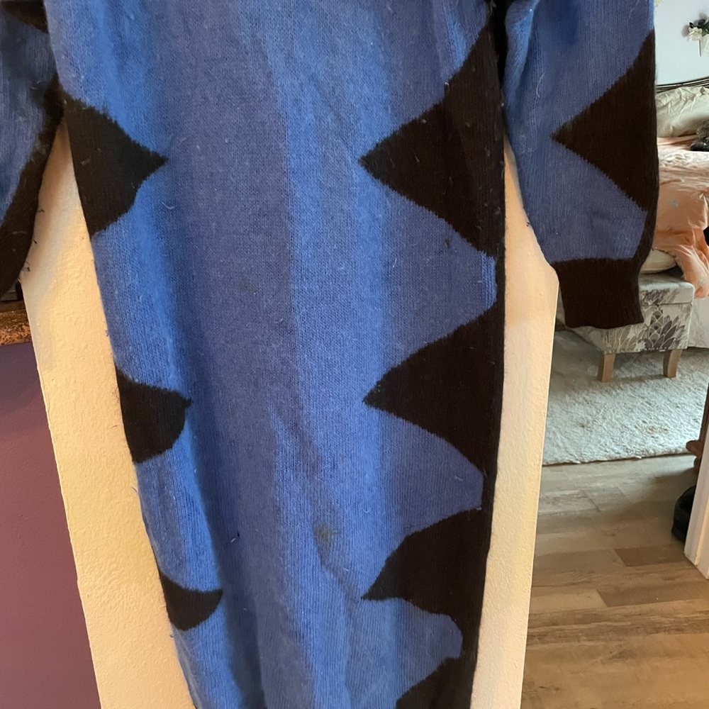 Angora Maxi sweater dress navy blue and black geometric.